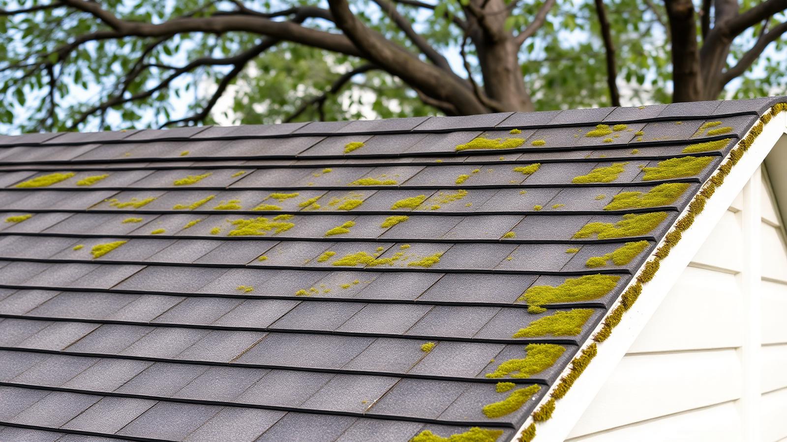 Algae streaks and moss on asphalt shingles under a mature tree canopy