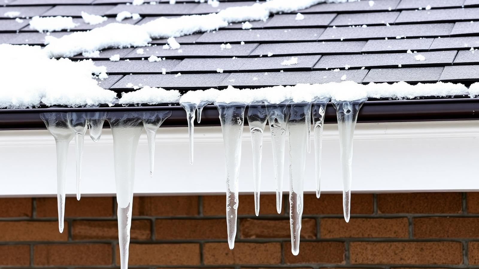 Ice dam and icicles forming along the eave of a residential roof in winter