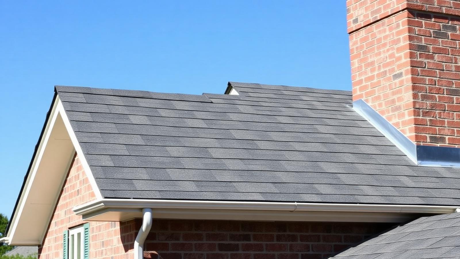 Freshly installed dark architectural asphalt shingles with new flashing and drip edge on a Bethesda colonial